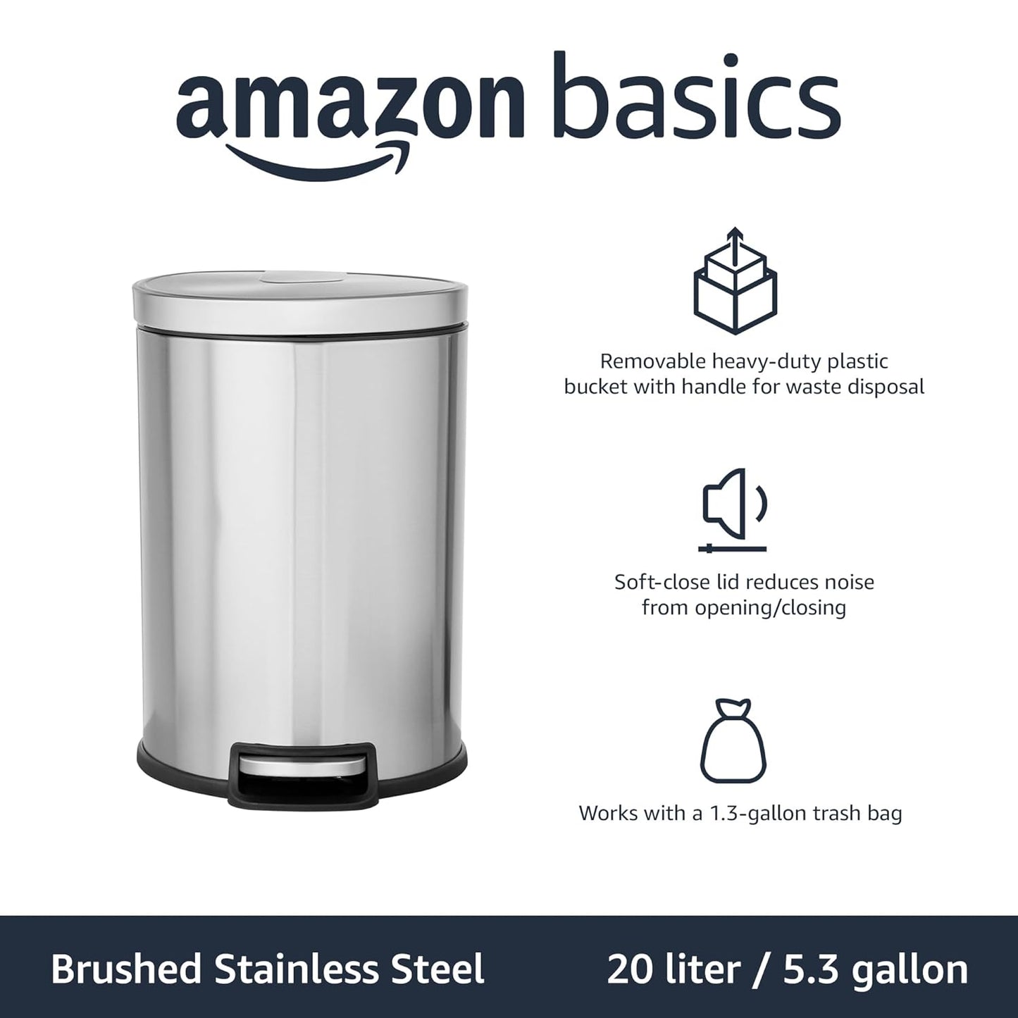 Amazon Basics Round Cylindrical Home Office Trash Can With Soft-Close Foot Pedal, 20 l /5.3 gallon, Brushed Stainless Steel