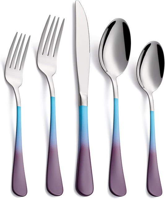 20-Pieces Color Silverware Set for 4,Blue and Purple Handle Stainless Steel Cutlery Set, Include Forks Spoons and Knives Set, Dishwasher Safe Utensil Sets for Home Restaurant