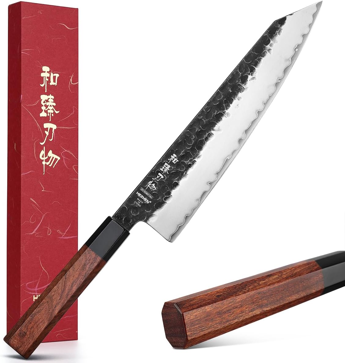 HEZHEN Kiritsuke Knife,9.5 Inches,3 Layers High Carbon Clad Steel Japanese Knife, Professionl Professional Japanese Kitchen Knife, Redwood Octagonal Handle