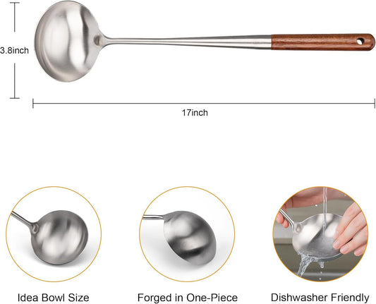 FJNATINH Soup Ladle, Metal Ladle Stainless Steel for Soup Sauces, Kitchen Ladle Spoon with Heat-proof Wooden Handle, Easy to Clean