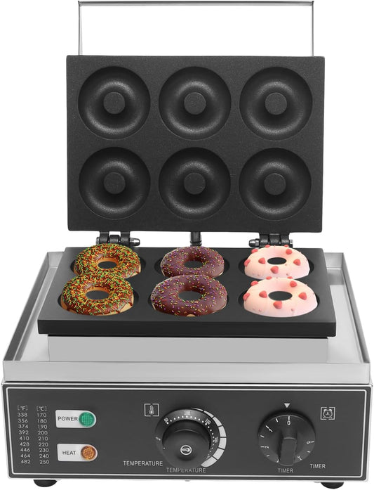 1550W 110V Commercial Waffle Donut Maker, 6 Holes Double Sided Non-Stick Commercial Electric Donut Maker, Temperature 122-572℉, Mini Donut Machine, for Professional Kitchen and Family Breakfast