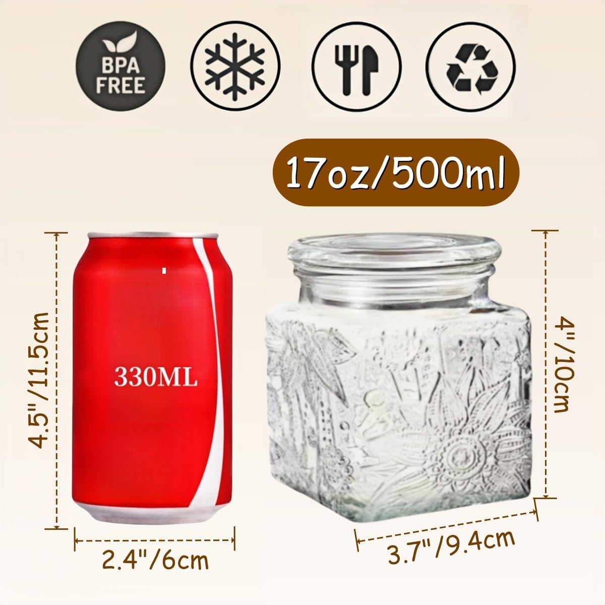 ANSQU Airtight Small Square Glass Jars with Lids, 17oz Food Storage Jar Clear Storage Container with Glass Lid for Kitchen Canning, Cereal, Sugar, Beans, Spice, Mason Jars