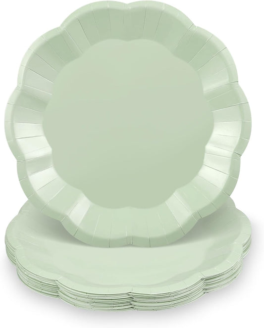 30pcs Sage Green Paper Plates, 7inch Scalloped Sage Green Dessert Cake Plates Cute Party Plate Disposable Greens Party Supplies for Wedding, Baby Bridal Shower, Birthday