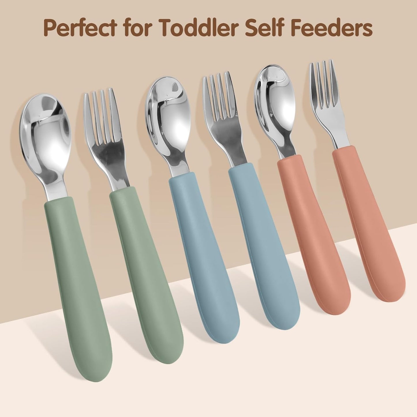 Toddler Utensils, Kids Silverware with Silicone Handle, Spoons and Forks Set, 18/8 Stainless Steel Children Safe Feeding Supplies, 6 Pack, Dishwasher Safe