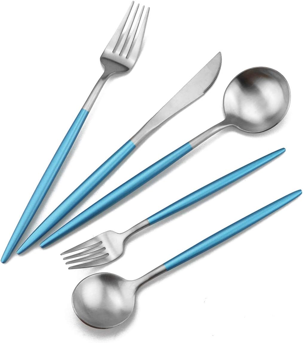 Gugrida Luxury Flatware, Royal 20 Piece Matte Blue Handle 18/10 Stainless Steel Tableware Sets for 4 Including Forks Spoons Knives, Camping Silverware Travel Utensils Set Cutlery (Blue Silver)