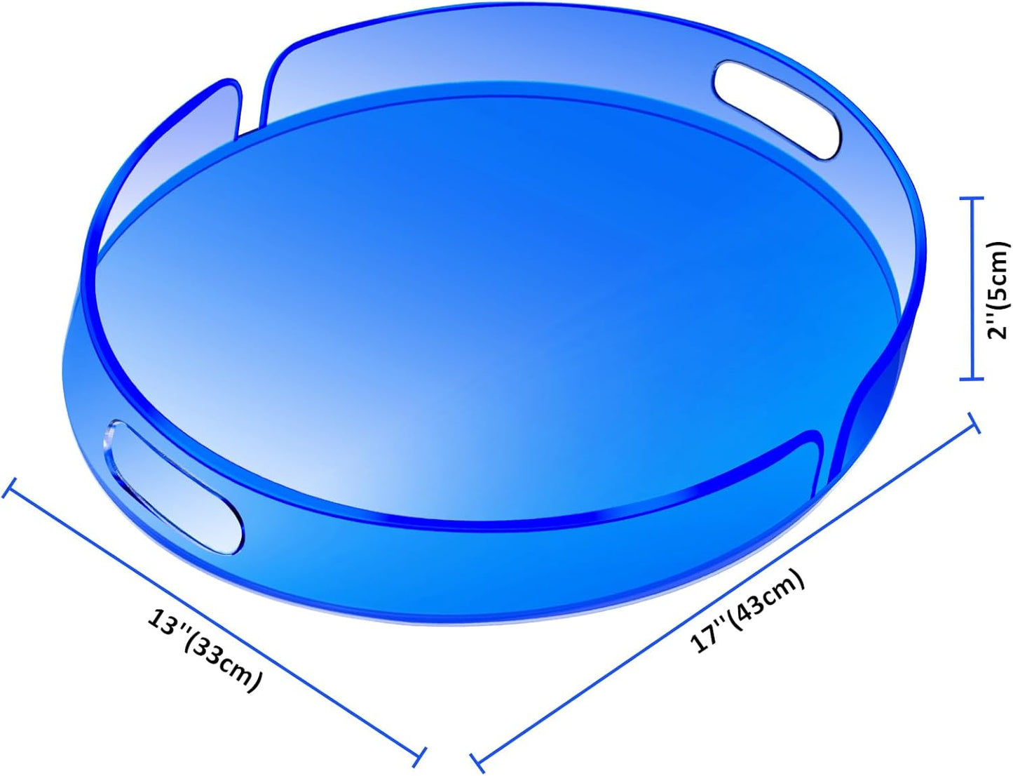 Acrylic Serving Tray with Handles Large Decorative Ottoman Tray 17x13'' Round for Bathroom Food Coffee Fruit Snack Tea Dinner Living Room, Blue