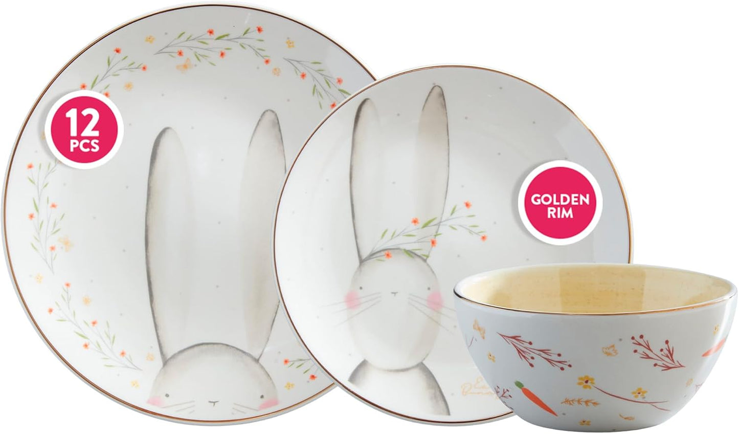 Corona 12-piece thematic and modern Ceramic Dinnerware Sets | Plates and Bowls | Service For 4 | Blossom Bunny chritmas