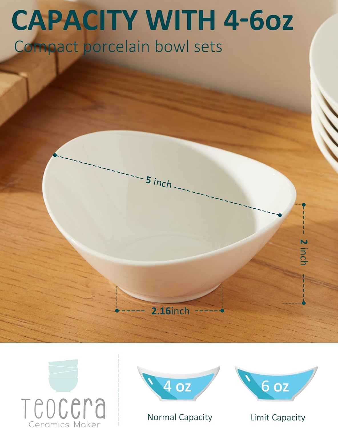 Teocera 5 Inch Porcelain Small Bowls Set, 6 Ounce small serving bowls for Dessert, Ice Cream, Snack, Dipping, Side Dishes, Microwave & Dishwasher Safe- White