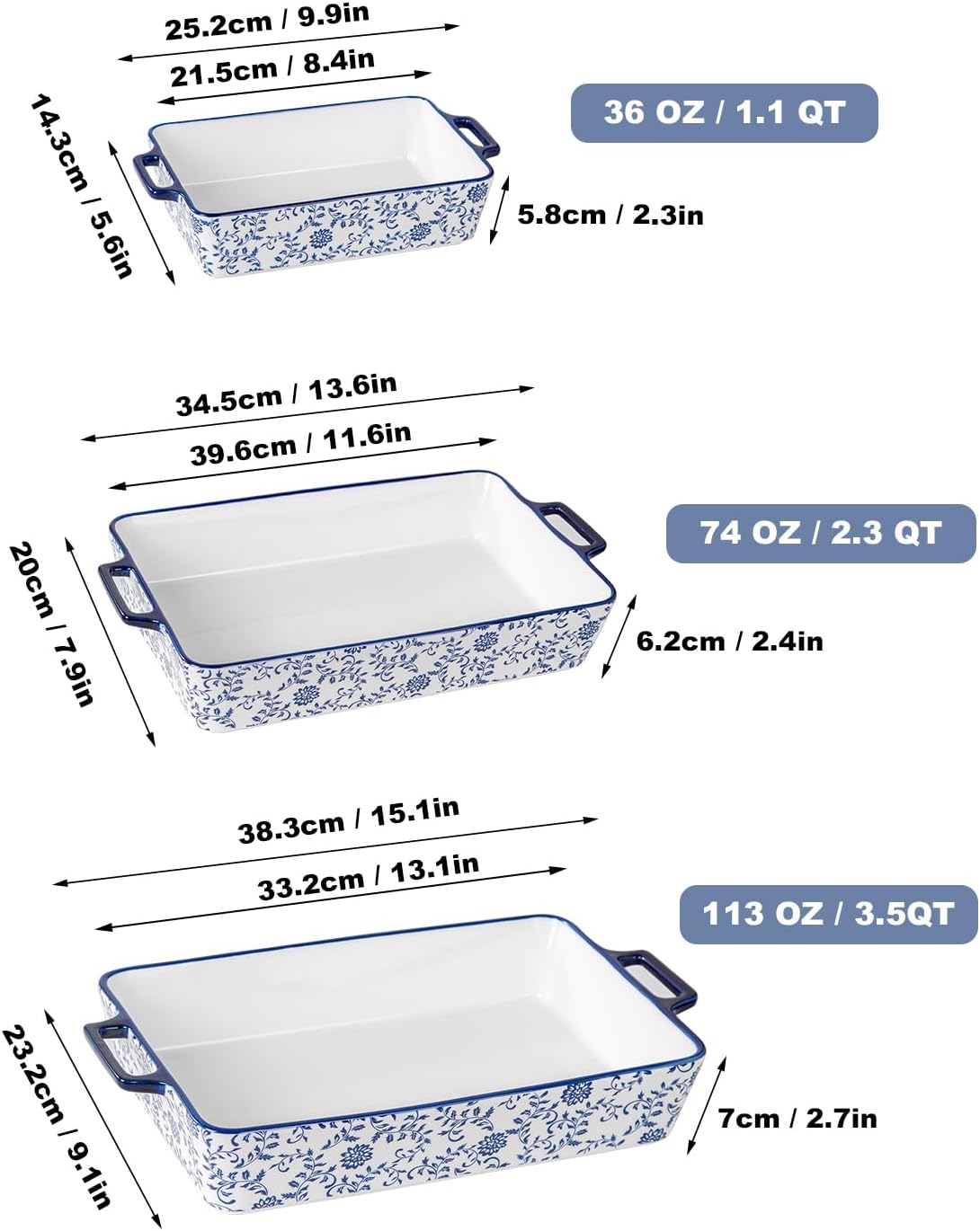 Bakeware Set Ceramic Baking Dish Casserole Dishes for Oven Rectangular Lasagna Pan for Cooking, Kitchen - Microwave Dishwasher Safe - Wedding & House Warming Gift, Set of 3, Blue