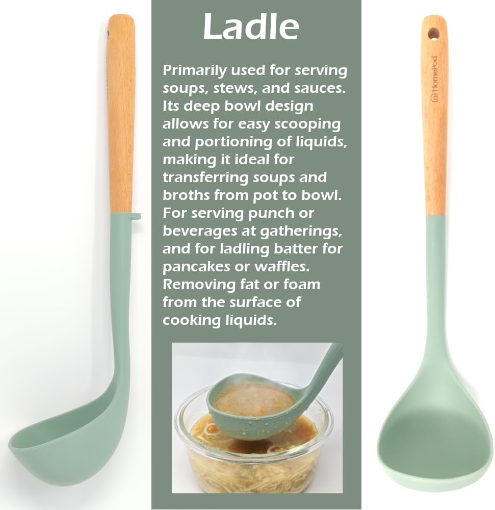 Set of 3 Kitchen Essentials Utensils Set of Silicone Spatulas 15 inches Large Heat Resistant 600F Cooking Baking Non Slip Handles Won't scratch Cookware, Turner Rubber Spatula Ladle Espatula (Green)