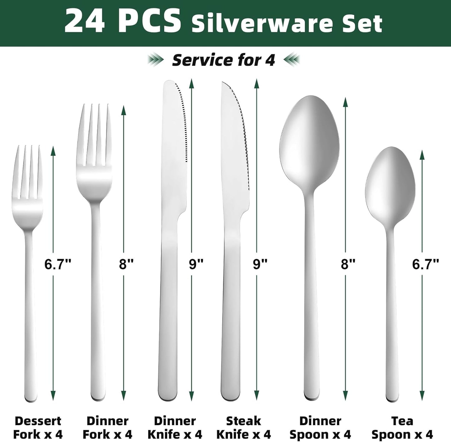 24 Pcs Silverware Set with Steak Knives, Stainless Steel Flatware Set for 4, Food-Grade Cutlery Set, Mirror Polished Tableware Eating Utensils Set for Kitchen, Knife Fork Spoon Set, Dishwasher Safe