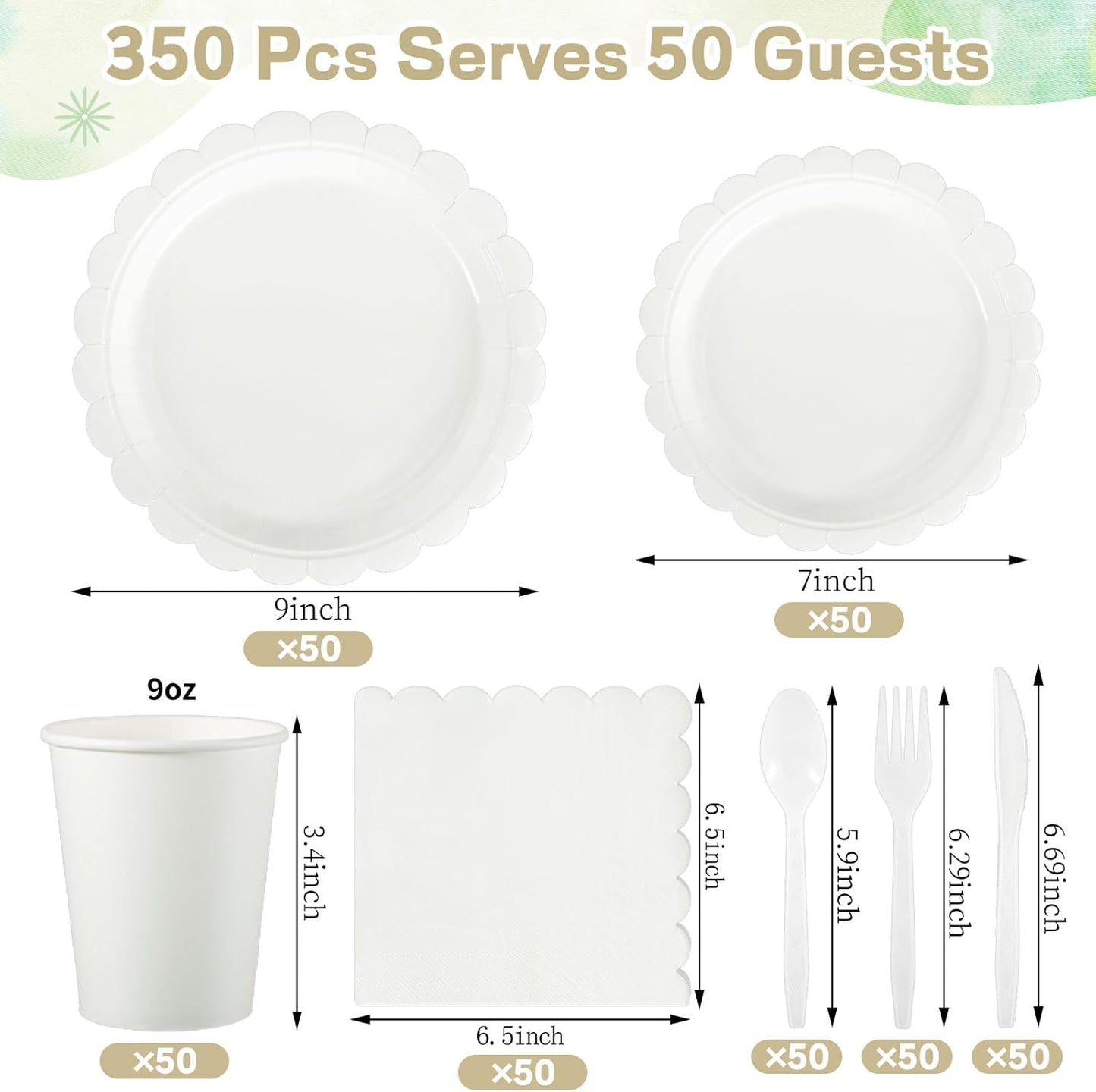 350 Pcs White Paper Plates and Napkins, 50 Guest White Party Supplies Include Scalloped Plates Paper Napkin Cup Plastic Spoon Fork Knive for Baby Shower, Wedding, Birthday