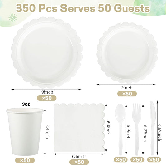 350 Pcs White Paper Plates and Napkins, 50 Guest White Party Supplies Include Scalloped Plates Paper Napkin Cup Plastic Spoon Fork Knive for Baby Shower, Wedding, Birthday