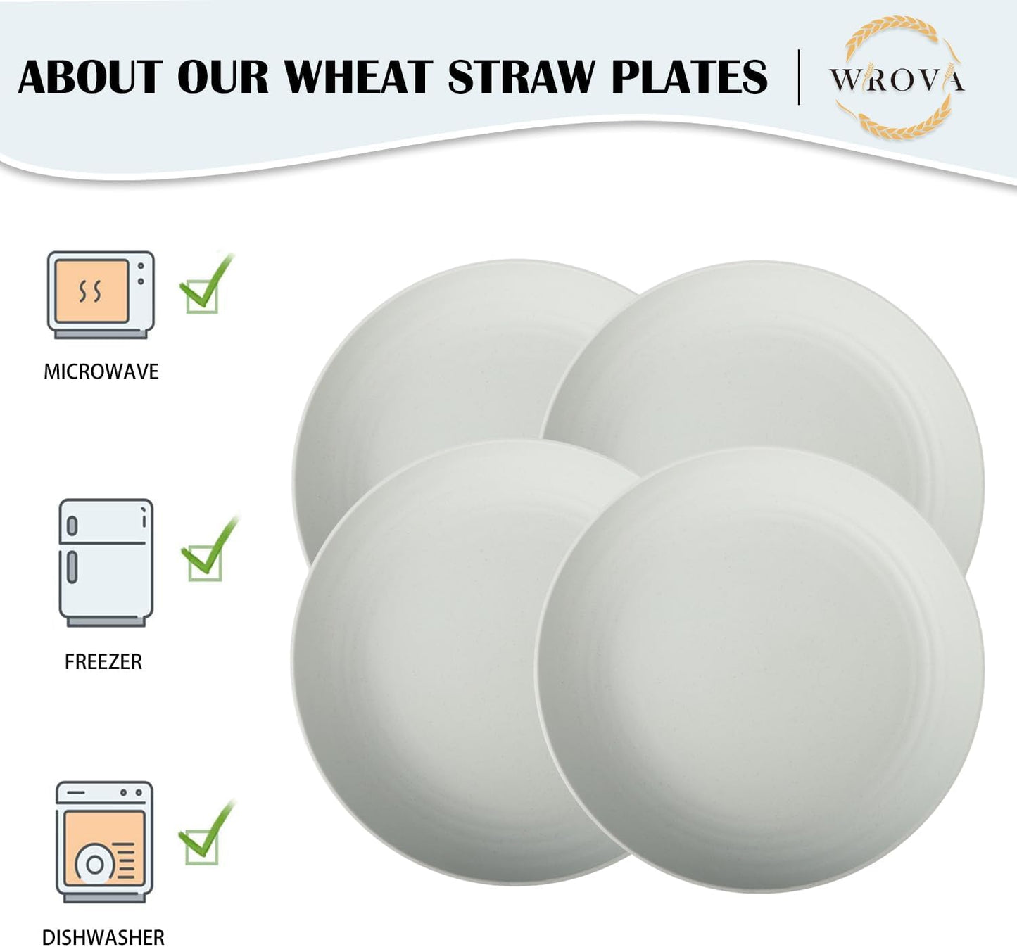 Wrova Wheat Straw Plates - 10 Inch Unbreakable Dinner Plates Set of 8 - Dishwasher & Microwave Safe Plastic Plates Reusable for Kitchen and Camping (Light Grey)