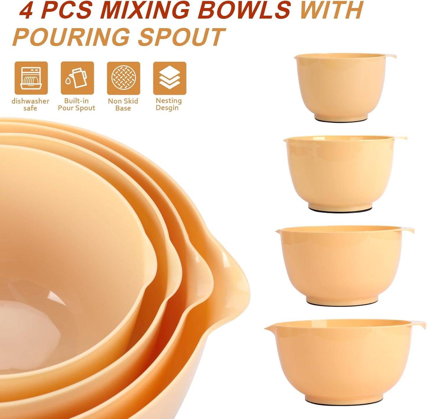 BoxedHome Nesting Plastic Mixing Bowl Set, 4 Piece Mixing Bowl Set with Pour Spouts, Size 1.7, 2.5, 3.5 and 4.5qt, for Prepping, Mixing, Baking, Cooking, Maize