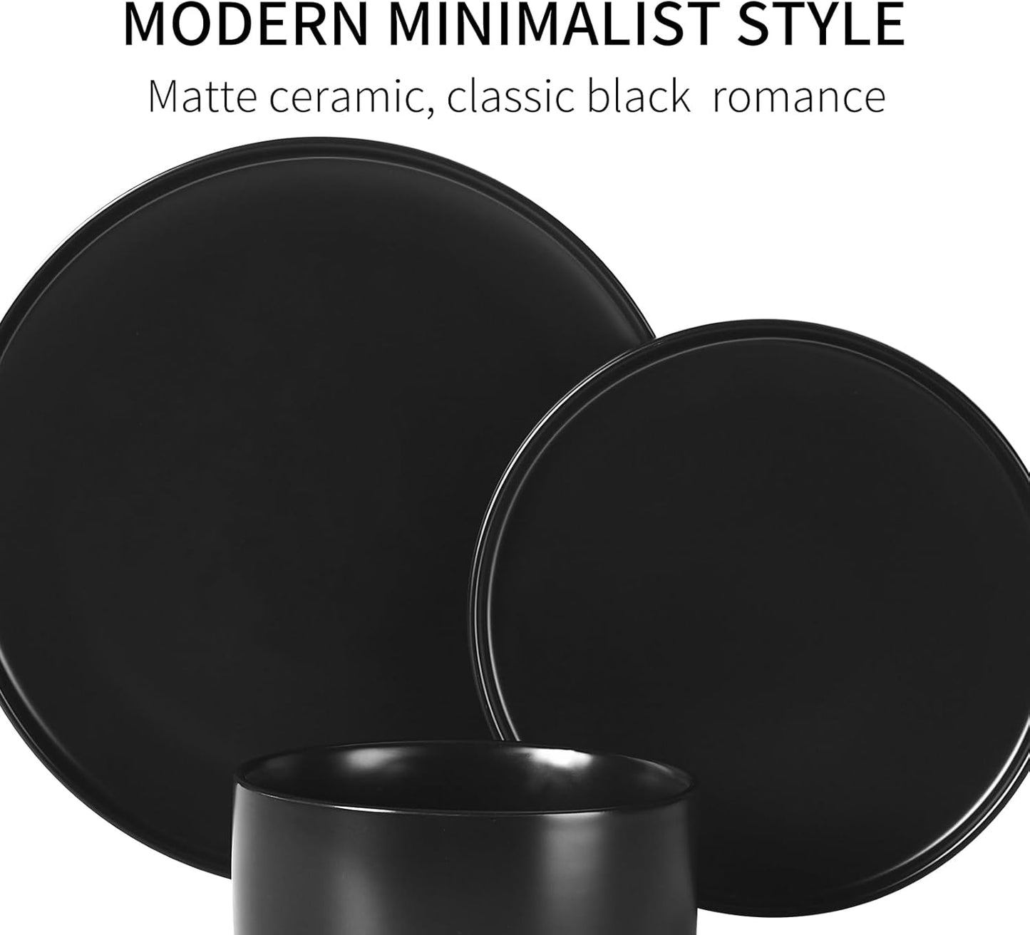 GZG Classic Series - Plates and Bowls Set for 4, 12 Piece Stoneware Dinnerware Sets, Microwave and Dishwasher Safe Lead-Free Handcrafted Ceramic Dishes Set - Matte Black