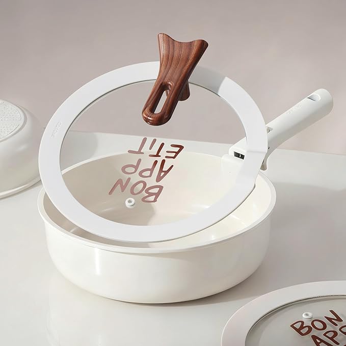 CAROTE 18Pcs Pots and Pans Set Non Stick, Nonstick Ceramic Cookware Set with Detachable Handle, Non Toxic Kitchen Cooking Sets, PFOA Free, Oven Safe, Stackable Induction Ready, Cream White