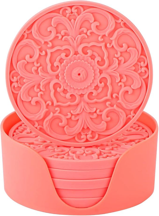 Colinda Silicone Coasters - Set of 6 with Holder, Non-Slip Cup Mats for Hot and Cold Drinks, Decorative Designs, Gift Ready Packaging, Coral Pink