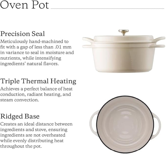 Vermicular Oven Pot | Non-Toxic Enameled Cast Iron Pot | 26cm (5.3 Qt) | Oven-safe | Induction-compatible | Dutch Oven | Made in Japan | Serves 5-6 | Natural Beige