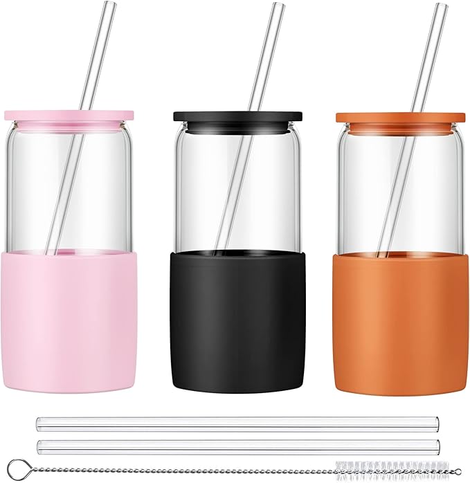 Sunseeke Glass Tumbler with Straw and Lid, 16oz Ice Coffee Cup, Silicone Sleeve Cleaning Brushes, Drinking Glasses for Water, Iced Coffee, Smoothie - BPA Free -3Pack