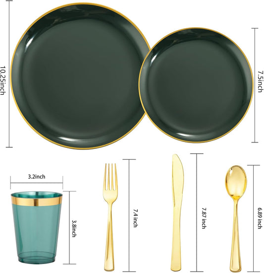 LIYH 180 Pcs Green and Gold Plastic Christmas Plates - Disposable Christmas Dinnerware sets, Green Dinner Dessert Plates, Gold Plastic Silverware Cups for Holiday, Party