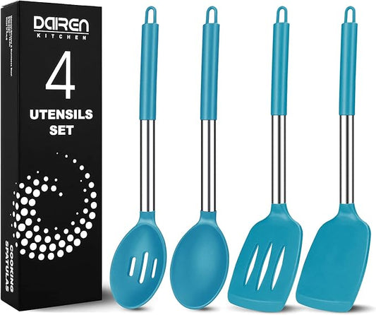 Pack of 4 Large Silicone Cooking Spatulas and Spoons, Slotted and Solid Stainless Steel Cooking Utensils Set, Non-stick Heat Resistant Kitchen for Baking, Fried, Stir-Fry, Mixing, Serving (Blue)