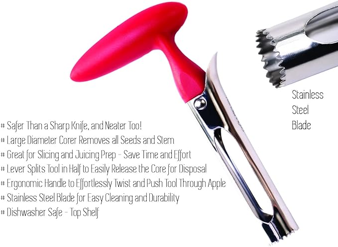 Apple Corer + Pineapple Tool + Herb Kale Stripper- Lever Tool by BRIGHT KITCHEN Stainless Steel Pear Fruit Seed Remover Cherry Red Grip with Serrated Blade (Apple + Pineapple + Herb)