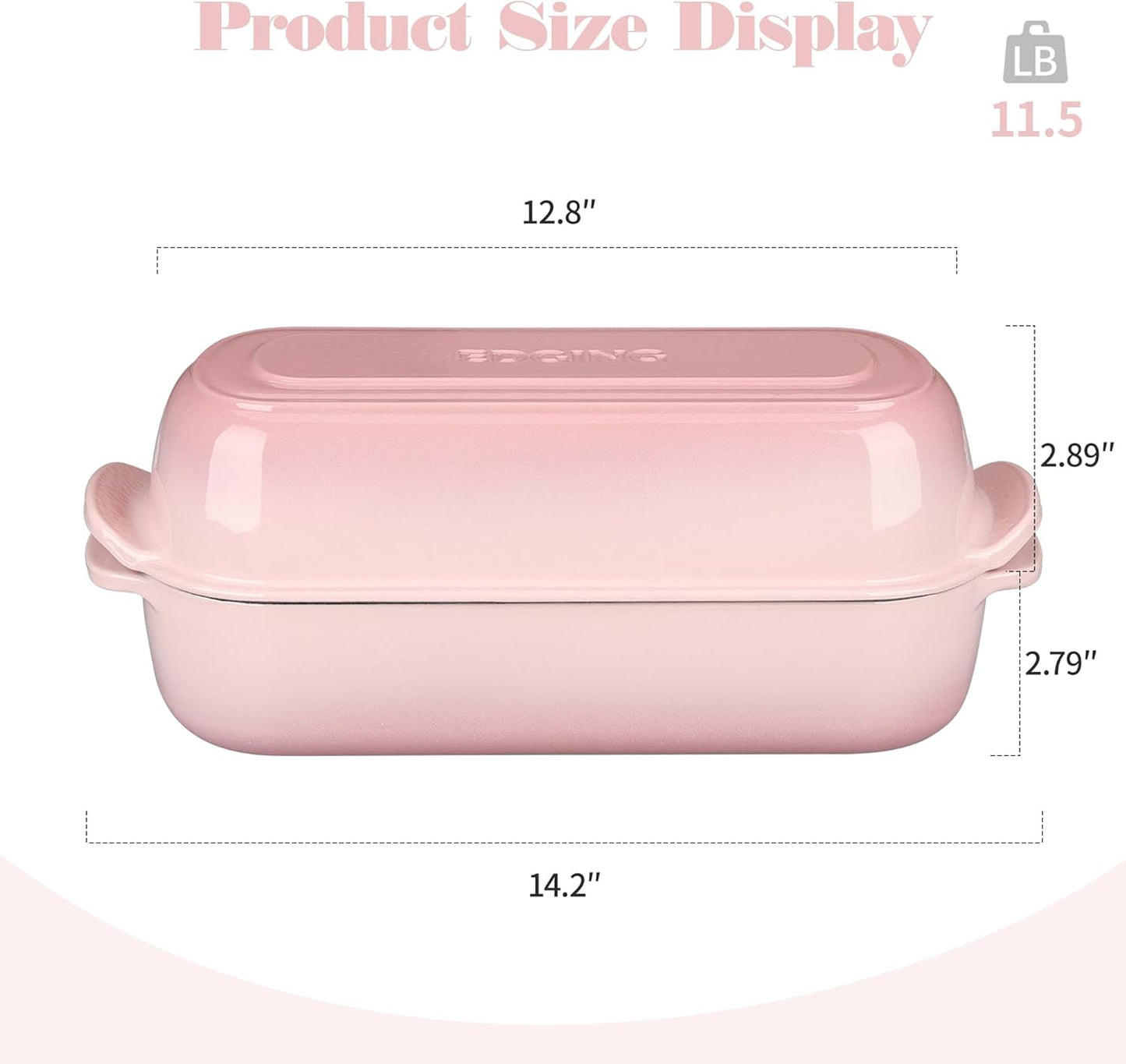 Enameled Cast Iron Loaf Pan with Lid, Dutch Oven Bread pan for Homemade Sourdough Bread Baking, 12.5x5.5 inch, 5qt, Pink