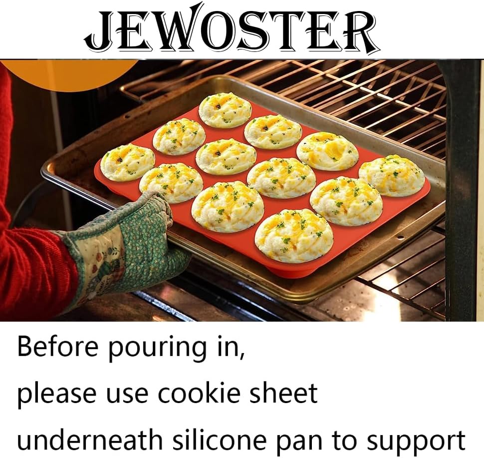 JEWOSTER 12 Cups Silicone Muffin Pan 2 Pack - Cupcake Pan Nonstick Silicone Molds Great for Making Muffin Cakes,Bread, Tart - BPA Free Baking Accessory