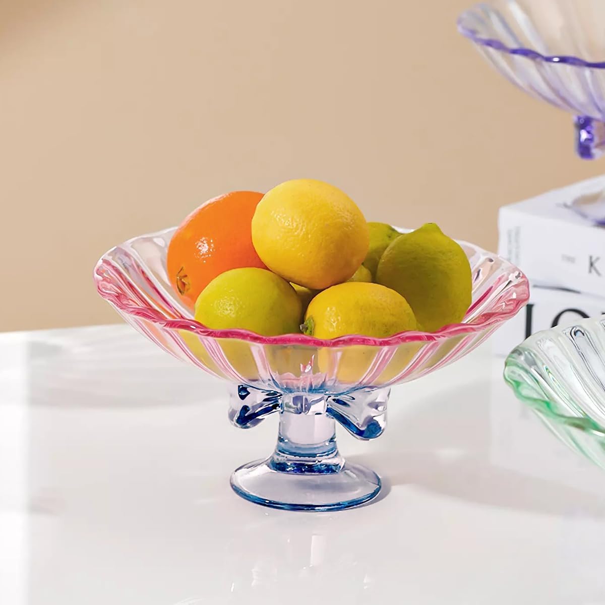 Glass Fruit Bowl. 9 inch Glass Pedestal Bowl. Elegant Bow Decoration Multicolor Salad Plate. Suitable for Fruit, Dessert, Candy, Snack & More. (Pink & Blue)