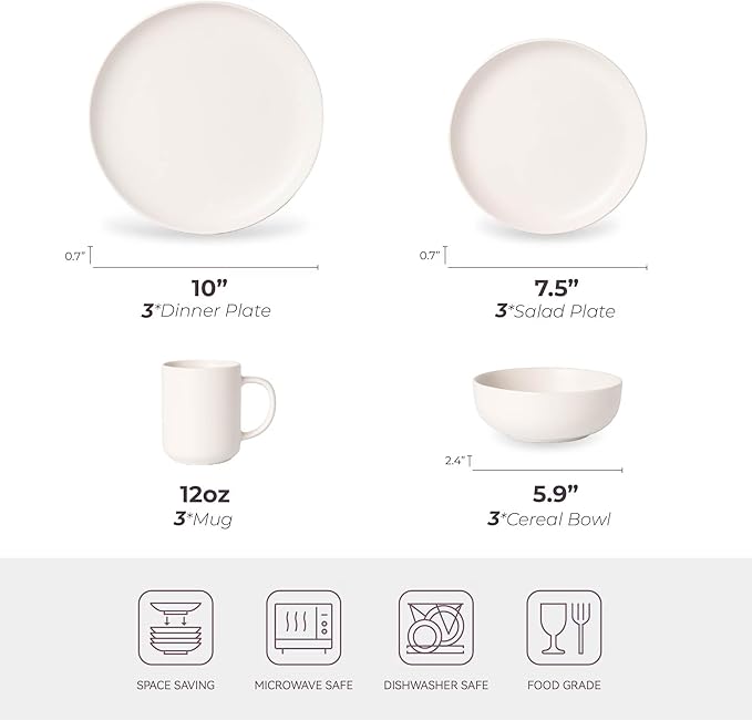12-Piece Matte White Dinnerware Set,Stoneware Dinnerware for 3, Microwave & Dishwasher Safe, Stackable Design for Kitchen and Dining - Plates,Bowls and Mugs