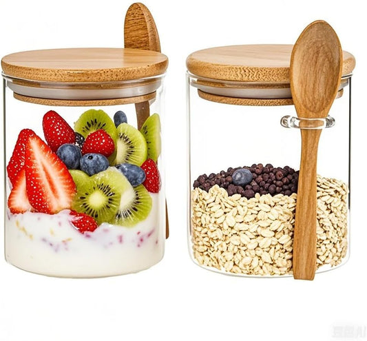2-Pack 18.2 oz Overnight Oats Containers with Lids,Sealed Borosilicate Glass Jars with Bamboo Lid and Spoon,Clear Food Storage Jar for Kitchen,Candy, Spices, Coffee Beans,Cookies, Salad,Oats, Flour