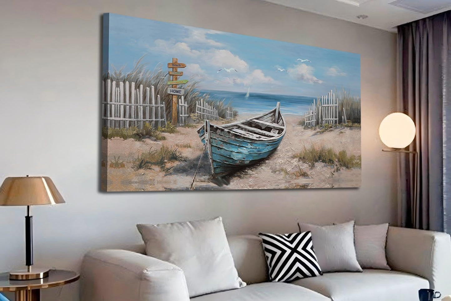 Ardemy Boat Canvas Wall Art for Living Room Large Teal Bedroom Pictures Wall Decor Textured Beach Paintings Artwork Dining Room Home Office Kitchen, 40"x20"