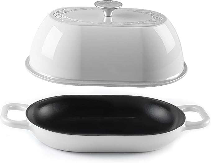 Enameled Cast Iron Dutch Oven for Professional Sourdough Bread Baking | 5.5 Quart Loaf Size Oval Cookware Pot with Lid | Triple-Layer Enamel Coating Pan with Non Stick Silicone Mat | White