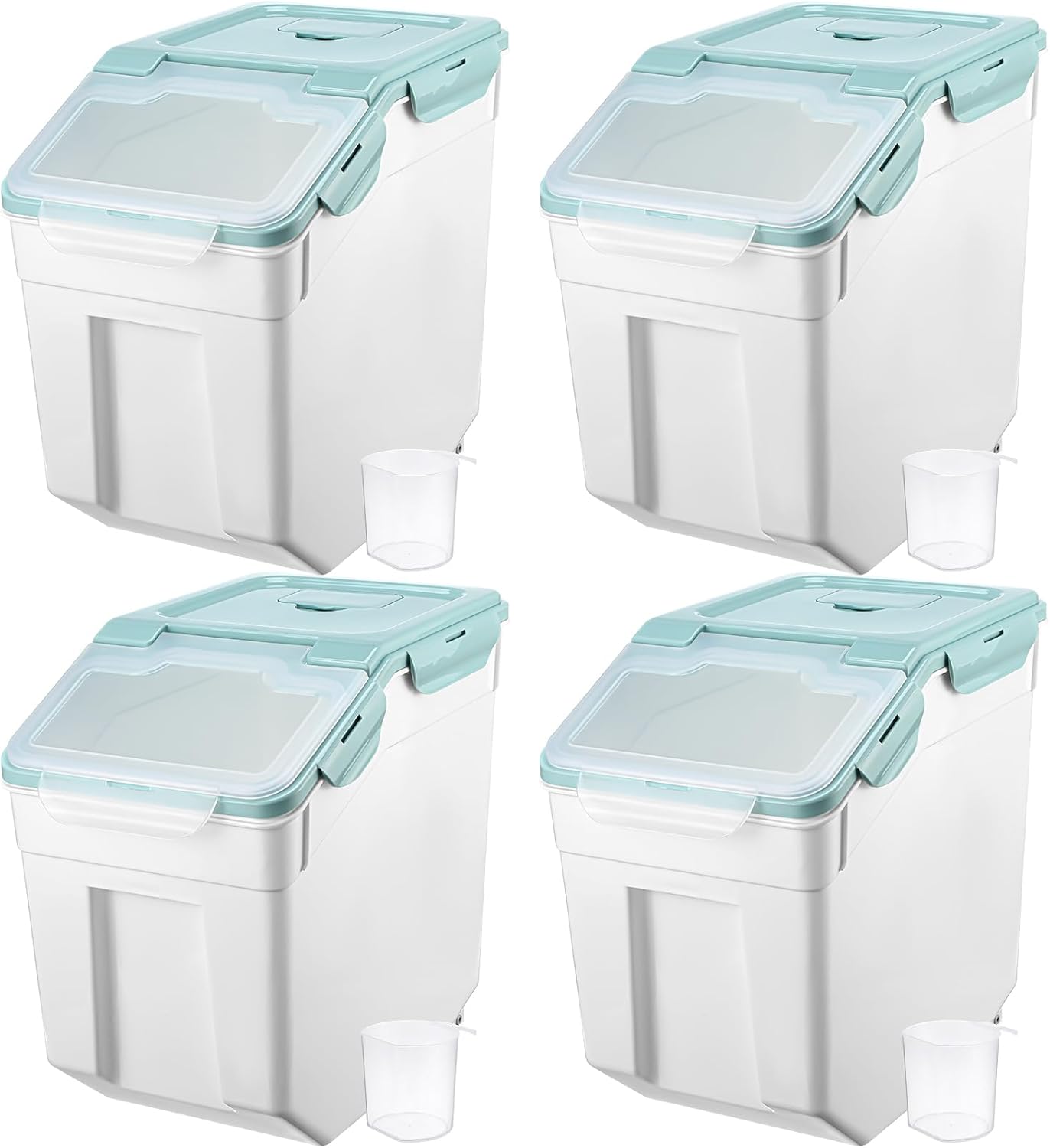 Sunnyray 4 Pcs 55 lbs Grain Rice Storage Container Blue Flour Bin with Wheels Cup Leak Proof Pet Food Storage Boxes Seal Locking Lid Plastic Rice Containers Set for Cereal Flour Cat Dog Food Kitchen