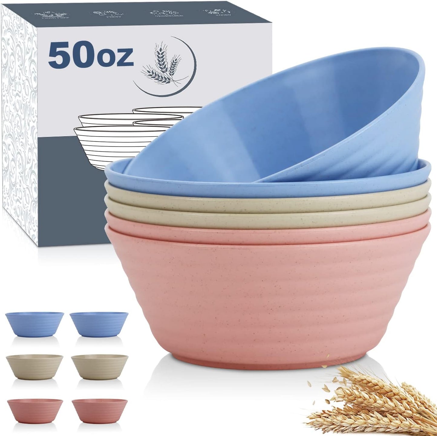 Wrova Wheat Straw Bowl Sets,6 PCS Unbreakable Big Cereal Bowl 50 OZ,Microwave and Dishwasher Safe Bowls,Large Salad Bowls for Party,Dorm,Apartment,Camping (Colorful Series)