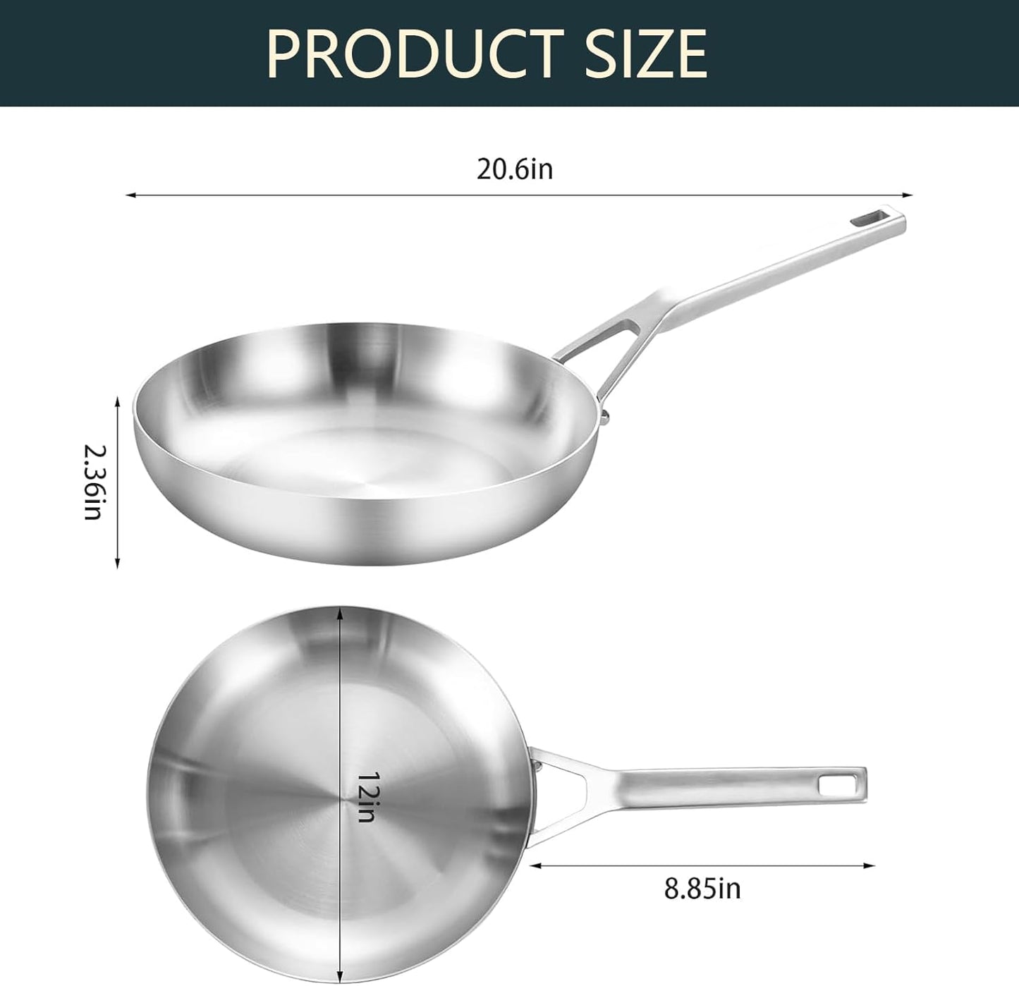 Tri-Ply Fully Bonded Stainless Steel 12Inch Frying Pan With Lid, Up to 600℉ Full Clad, Large Cooking Surface for Searing, Induction Ready, Dishwasher and Oven Safe