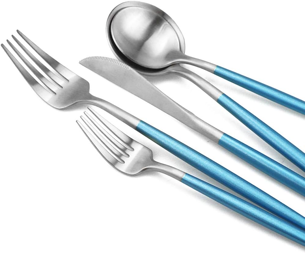 Gugrida Luxury Flatware, Royal 5 Piece Matte Blue Handle 18/10 Stainless Steel Tableware Sets for 1 Including Forks Spoons Knives, Camping Silverware Travel Utensils Set Cutlery (Blue Silver)