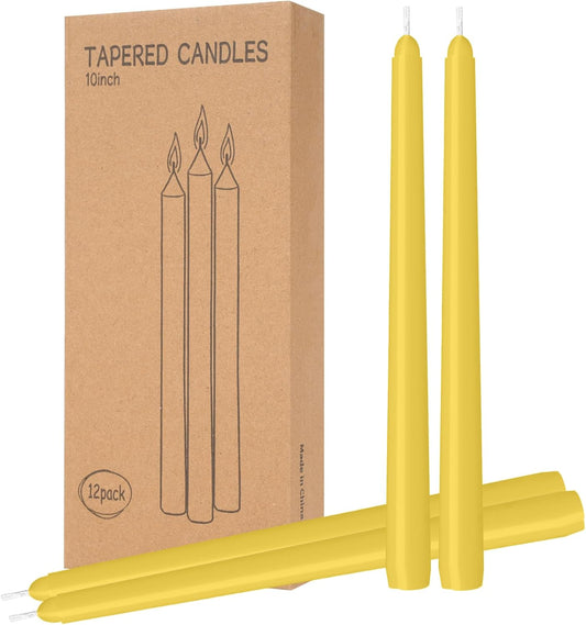 12 Pack Yellow Taper Candles - Taper Candles 10 Inch Dripless, Smokeless & Unscented - 8 Hours Long Burning - Ideal for Weddings, Dinner Parties, and Home Decor