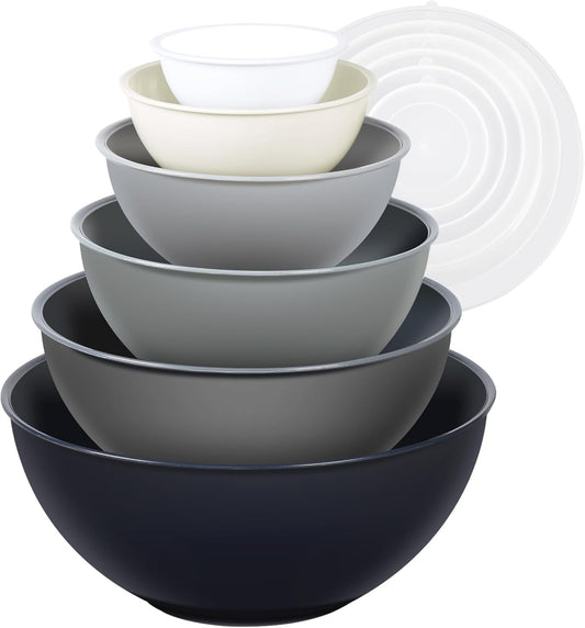 6-Piece Plastic Mixing Bowl Set with Lids for Kitchen, Nesting Storage Bowls for Baking, Prepping,Cooking and Serving Food, Dishwasher, Microwave Safe,Great for Mixing & Serving,Gray