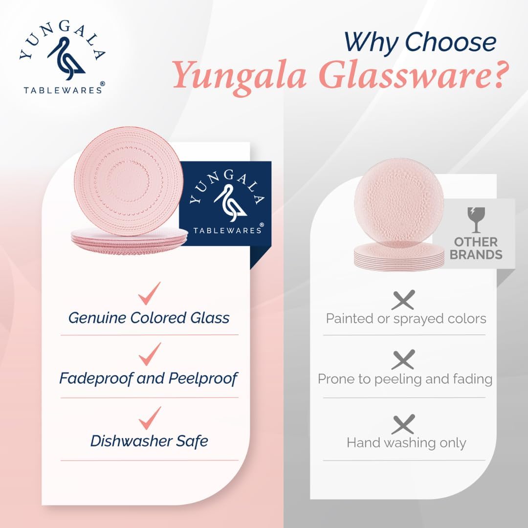 Yungala Pink Hobnail Plates, Set of 4 Glass Vintage 10.5” Dinner Plates that are Dishwasher Safe