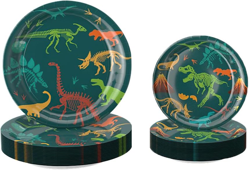 Dinosaur Plates and Napkins for Birthday Party Dino Tableware Set,Dinosaur Party Decorations Dino Plate Baby Shower,Disposable Dinosaurs Dinnerware Set with Tablecloth Cup Banner for Kids Boy Serve 24