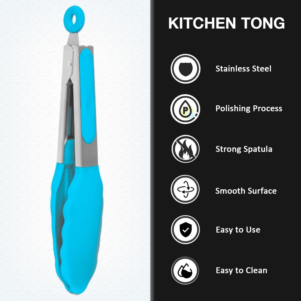 Small Serving Tongs Set of 3, Mini Tongs (7 inch) with Silicone Tips and Stainless Steel Handle, Great for Steaks, Salads, Vegetables(Blue)