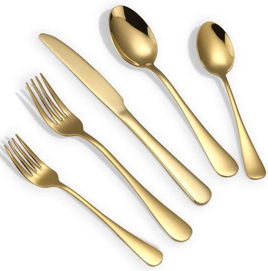Briout Gold Silverware Set, 20 Piece Golden Cutlery Set Service for 4, Stainless Steel Flatware Set Include Spoons Forks Knives Tableware Utensil Set for Kitchen Home Restaurant, Shiny Gold Polished