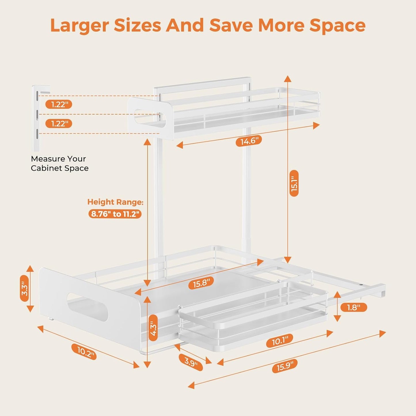 Delamu 2 Pack Metal Bathroom Organizers and Storage, 2 Tier Pull Out Under Sink Organizer with 2 Small Baskets, Adjustable Under Sink Shelf for Multipurpose Cabinet Organizer, White