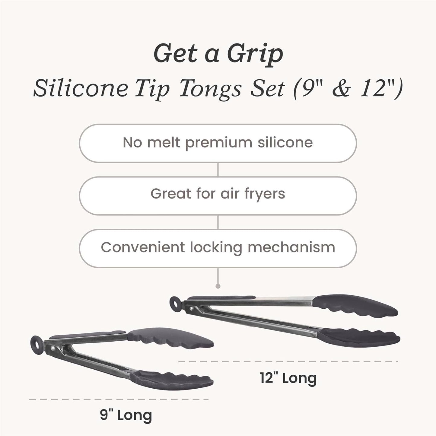 StarPack Premium Silicone Kitchen Tongs Set of 2 (9-Inch & 12-Inch) - Stainless Steel with Non-Stick Silicone Tips, High Heat Resistant to 480°F, For Cooking, Serving, Grill, BBQ & Salad (Gray Black)