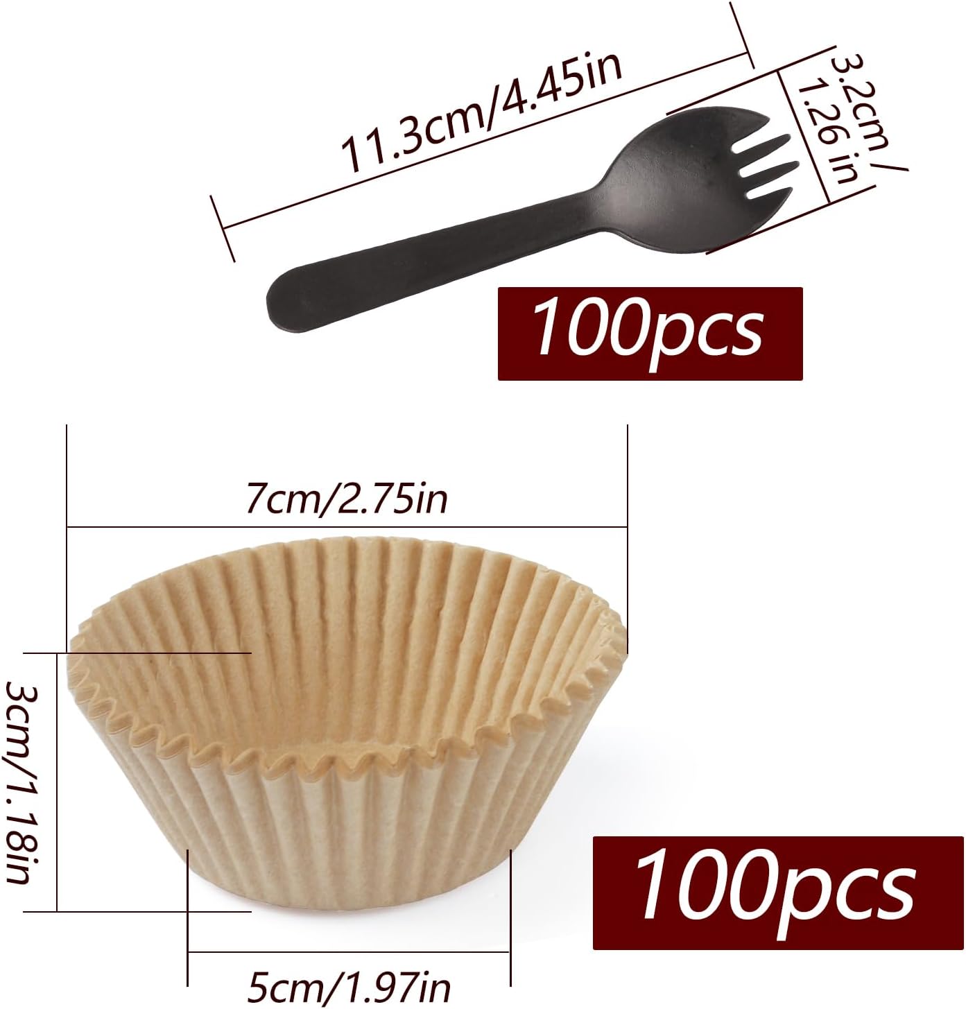 100PCS Standard Natural Cupcake Liners with 100 Plastic Spoons for Baking Cupcakes and Muffins (100, Natural, Small)