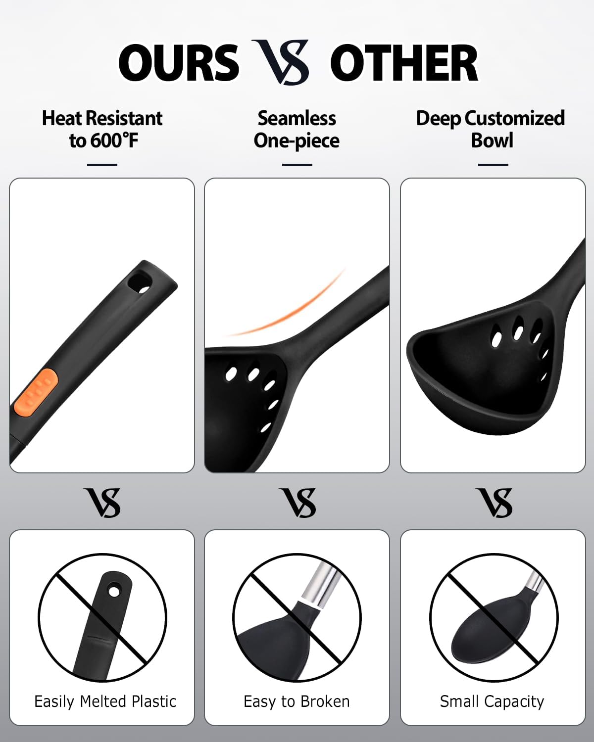 Silicone Pasta Fork and Ladle Spoon Set, Large Non Stick Kitchen Utensils for Cooking,Stirring,One Piece Serving Spaghetti, Soup, Sauce (BLACK)