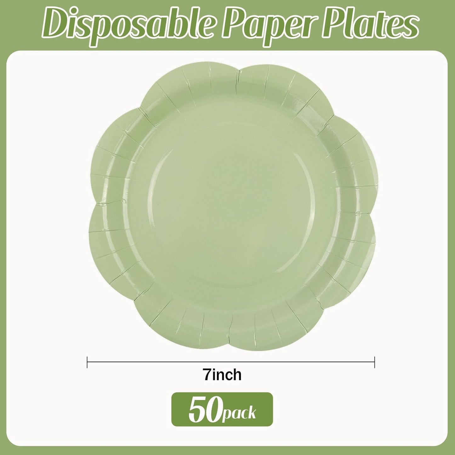 50 Pack Sage Green Paper Plates 7 Inch, Disposable Scalloped Plates Cake Dessert Plate for Dinner Baby Shower Wedding Bridal Shower Birthday Party Supplies (Sage Green, 7 inch)