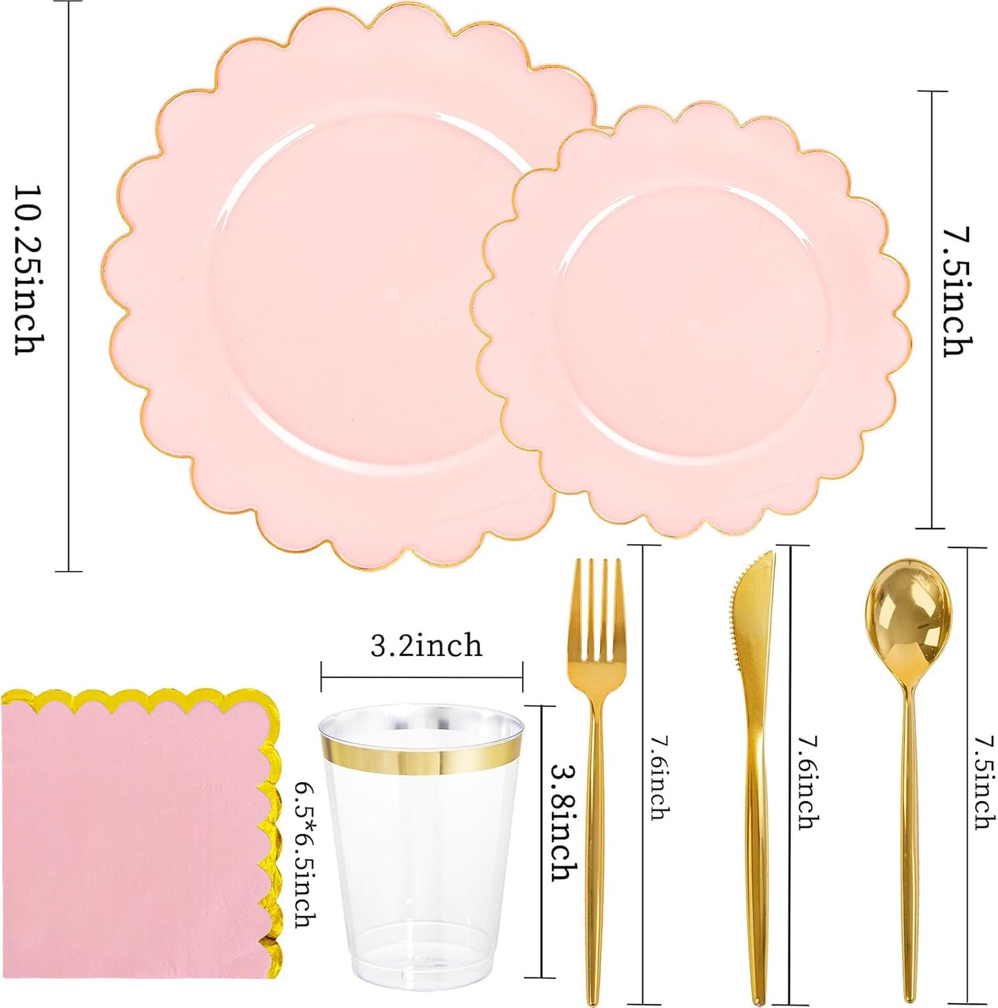 LIYH 210 Pcs Pink and Gold Scalloped Plastic Plates - Disposable Dinnerware Set, Include Gold Plastic Silverware, Pink Plates and Napkins Party Supplies for Birthday Wedding